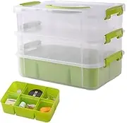 Stackable Clear 3 Tier Arts & Crafts Supplies Plastic Storage Containers Large with a Six-grid Tray, Portable Layered Embroidery & Sewing Box Organiser, Home Plastic Storage Box (Clear & Green)