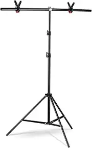 RAYWE 1 * 2m/3.2 * 6.5ft T-Shape Backdrop Stand Background Bracket Kit Aluminum Alloy Material Heavy Duty Portable Adjustable Height for Photography Video Studio with Spring Clip Black