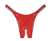 NWT Victoria's Secret Crotchless Shine Strap Lace Brazilian Sz L Cherry Red Lace