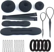 iFlyMars Hair Accessories Set: 3 Donut Bun Makers, 2 Foam Sponge Shapers, 1 French Twist Clip, 2 Snap Buns, 10 Elastics, 20 Pins (Black)