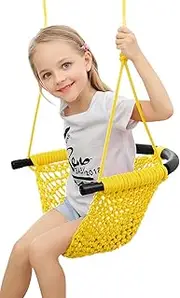ROPECUBE Hand-Knitting Toddler Swing, Swing Seat for Kids with Adjustable Ropes, Little tikes Swings Set, for Outdoor Indoor, Playground, Backyard （Yellow）