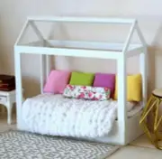 Miniature Frame Bed Dollhouse Wooden Canopy 1:12 scale BJD Doll Mattress Pillows