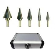 5Pcs HSS Step Steel Cone Drill Hole Cutter Titanium Bits Set Kit + Aluminum Case