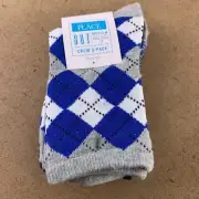 The Children's Place Boys Shoe Size 1-2 Argyle And Striped Crew Socks 3-Pack NWT