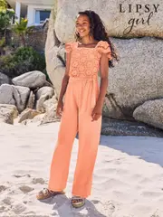 Lipsy Coral Orange Crochet Holiday Shop Jumpsuit (5-16yrs) (AY9420) | $69 - $88