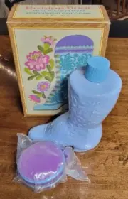 VINTAGE AVON PERFUME SONNET, BLUE GLASS FASHION BOOT PIN CUSHION DECANTER FULL