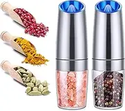 Gravity Electric Salt and Pepper Grinder Set of 2, Spice Grinder Shakers Mill with LED Light, Adjustable Coarse, One Hand Automatic Operation, Battery Powered, Larger Capacity Grinders Stainless Steel