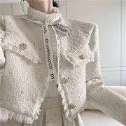 Long-Sleeve Lace Blouse / Tweed Tassel Trim Button-Up Jacket / High Rise Pleated Mini A-Line Skirt / Set Blouse - White - L