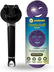 The Original Smiling Sponge Handle Soap Dispensing Handle by Smilyeez - (Black) & 3 Purple Scrub Moji Sponges