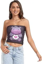 [RPLIFE] Cartoon Little Hippo Crop Tube Top Mesh Tube Tops, Strapless Crop Top for Women, Summer Clothing (S)