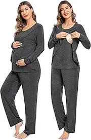 [SWOMOG] Women Maternity Pajama Set Nursing Pjs Double Layer Long Sleeve Top & Pants Breastfeeding Pregnancy Set with Pockets