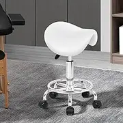 ALFORDSON Salon Stool Sierra Saddle Swivel Drafting Rolling Stools in 50-64.5cm Height Adjustable PU Leather Spa Stool with Footrest Wheels Backless Hair Dress Barber Chair for SPA Massage White