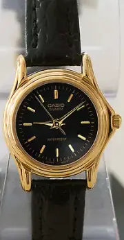 Casio Women's Black Gold Toned Analog Black Leather Band Watch LTP-1096Q-1A New