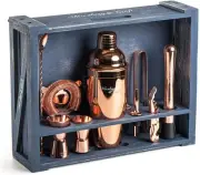 Bartender Kit 11 Pc Bar Tool Set w/ Rustic Wood Stand Copper Cocktail Shaker Kit