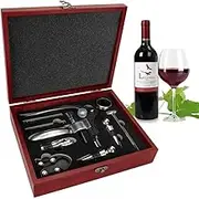 MOTRAIN 9-Piece Premium Wine Opener Set, Stainless Steel Corkscrew Kit with Aerator, Foil Cutter, Thermometer & Stopper, Elegant Wooden Gift Box for Wine Lovers, with Dark Cherry Wood Box