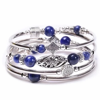 Ethnic Style Flower Natural Handmade Bangle Blue Grain Stone