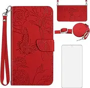 [Asuwish] Mobile Phone Case for Samsung Galaxy A55 5G Case with Strap, Film, Protective Film, Card Slot, Foldable, Leather Wallet Stand, A 55 55A A555G, Mandala Protective Mobile Phone Case, Red