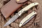 HUNTEX Custom Handmade Damascus 110 mm Long Hunting Folding Pocket Sticker Knife