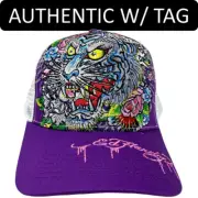 Ed Hardy Trucker Hat Embroidered Tattoo Floral Tiger Purple White Snapback Cap
