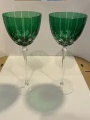 SET (2) Murano Crystal Wine Glasses Emerald Green Purchased Italy Artist Signed
