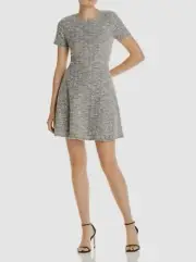 $165 Aqua Women's White Black Tweed Short-Sleeve Fringe-Trim Shift Mini Dress XS