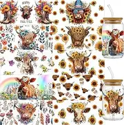 10 Sheets UV DTF Wrap Transfer for Cups, Highland Cows Wrap Transfer Decal for 16 oz Glass Cup, Cute Cow Stickers for 16 oz Water Bottles, Set of 10 Sheets Waterproof Cup Print