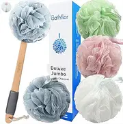 Bathflor 6-in-1 Shower Loofah Sponge Exfoliating Body Scrubber for Bath Wash, 4 Extra Large 80g Soft Mesh Loofa Pouf, 1 Long Handle luffa on a Stick, 1 Hook, Body Scrub for Women & Men (4Color)