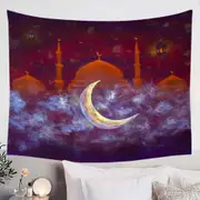 Purplish Art Painting Mosque and Crescent Moon Tapestry