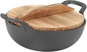 Cast Iron Wok, Stir Fry Pan with Wood Wok Lid and 2 Handles, Flat Base Chinese Pan, Uncoated Carbon Steel Wok Pan for Stir Fry Grill Steam Authentic Asian Chinese Food, Black