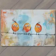 4x6" Birds On A Wire Cute Big Eyes Acrylic Painting Cartoon Style Colorful