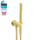 Brushed Gold Round Slim Hand Held Shower Head Mixer Tap With Swivel Holder Set