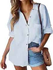 [Hotouch] Women Blouse Casual Long Sleeve Shirts Cotton Blouse V-Neck Elegant Blouse with Buttons Basic Plain Work Tops Shirt S-XXL, Sky Blue, XL