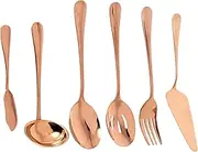 Aswalling 6-Piece Serving Flatware Silverware Set, Serving Utensil Set,Include Cake Server, Slotted Serving Spoon Rose Gold