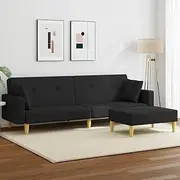 2-Seater Sofa Bed with Footstool, Black Fabric, Convertible Futon Couch for Small Spaces, Adjustable Backrest, Sturdy Frame, Modern Living Room Sleeper, 220cm