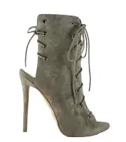 Womens Ankle Boots Peep Toe Suede Elegant Lace up Booties Khaki Olive Army Green
