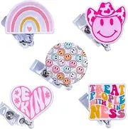 5 PC Cute Nurse Badge Reel Retractable Name Tag ID Clip Holder Retro Pink Cowboy Smiley Face Be Kind Heart Rainbow for Nurses Nursing Student RN Pediatric Teacher Funny Office Work Accessories