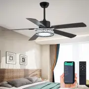 52" Outdoor Ceiling Fan with Lights Remote Control,Dimmable Black Wooden Ceiling
