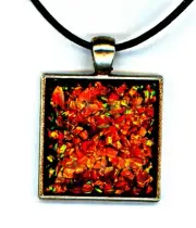 silver OPAL PENDANT, red color play mosaic Necklace, leather cord