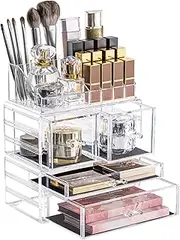 DreamGenius Makeup Organizer 3 Pieces Acrylic Cosmetic Storage Drawers Organizer for Vanity and Bathroom, Stackable Cosmetic Organizer Countertop with 4 Drawers