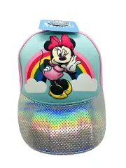 NWT Disney Minnie Mouse Baseball Cap Hat Pink and Teal Snap Back Rainbow Cotton