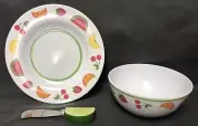 Melamine*3-pc appetizer set*Plate-Bowl-Spreader*fruit design*dip*salsa*crackers