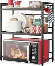 DULCE DOM Expandable Microwave Shelf, 2-Tier Adjustable Microwave Oven Rack, Space Saving Kitchen Counter Shelf for Kitchen Organizers and Storage, 45 KG Load Bearing, with 6 Hooks (3 Tier)