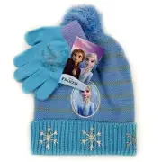 Disney Frozen Girls Knit Winter Hat Beanie Gloves Set Elsa Movie Gift Light Blue