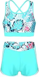 [TiaoBug] Kids Girls 2 Pieces Printed Swimsuit Strappy Back Bra Top with Boyshorts Tankini Beach Bathing Suits