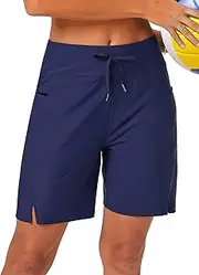 [FitsT4 Sports] Swimming Shorts Women's 7 Inch Swimming Trunks Quick Drying Bikini Shorts High Waist Trunks with Inner Briefs and Pockets