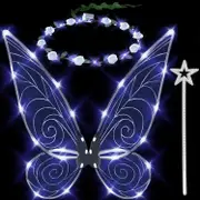 Morakot 3pcs Light up Fairy Wings for Adults,LED Butterfly Wings for Girls,Angel Wings Halloween Costume Dress Up for Kids White