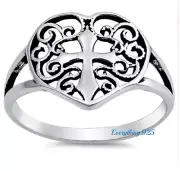 .925 Sterling Silver 13MM OXIDIZED HEART CROSS DESIGN SILVER RING SIZES 5-10