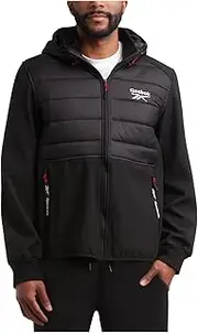 [Reebok] Men's Softshell Jacket - Lightweight Hooded Weather Resistant Jacket for Men with Nylon Quilted Chest (S-XXL)