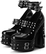 [Frankie Hsu] Goth Chunky Platform High Heeled Pumps Ankle Bootie, Black Patent Strappy Rivets Punk Gothic Y2K Hot Girl Boot, Big Large Size Shoes For Women Men