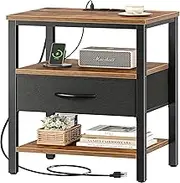 Kisfam Bedside Table with Charging Station（Upgraded, Bed Side Table with USB Ports and Outlets, End Table for Small Spaces,3-Tier Storage Side Tables with Storage Shelf for Living Room, Bedroom
